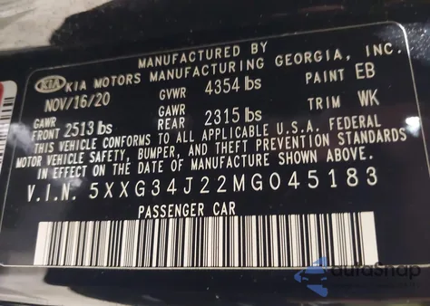 2021 Kia K5 Ex z USA, uszkodzony, nr VIN 5XXG34J22MG045183